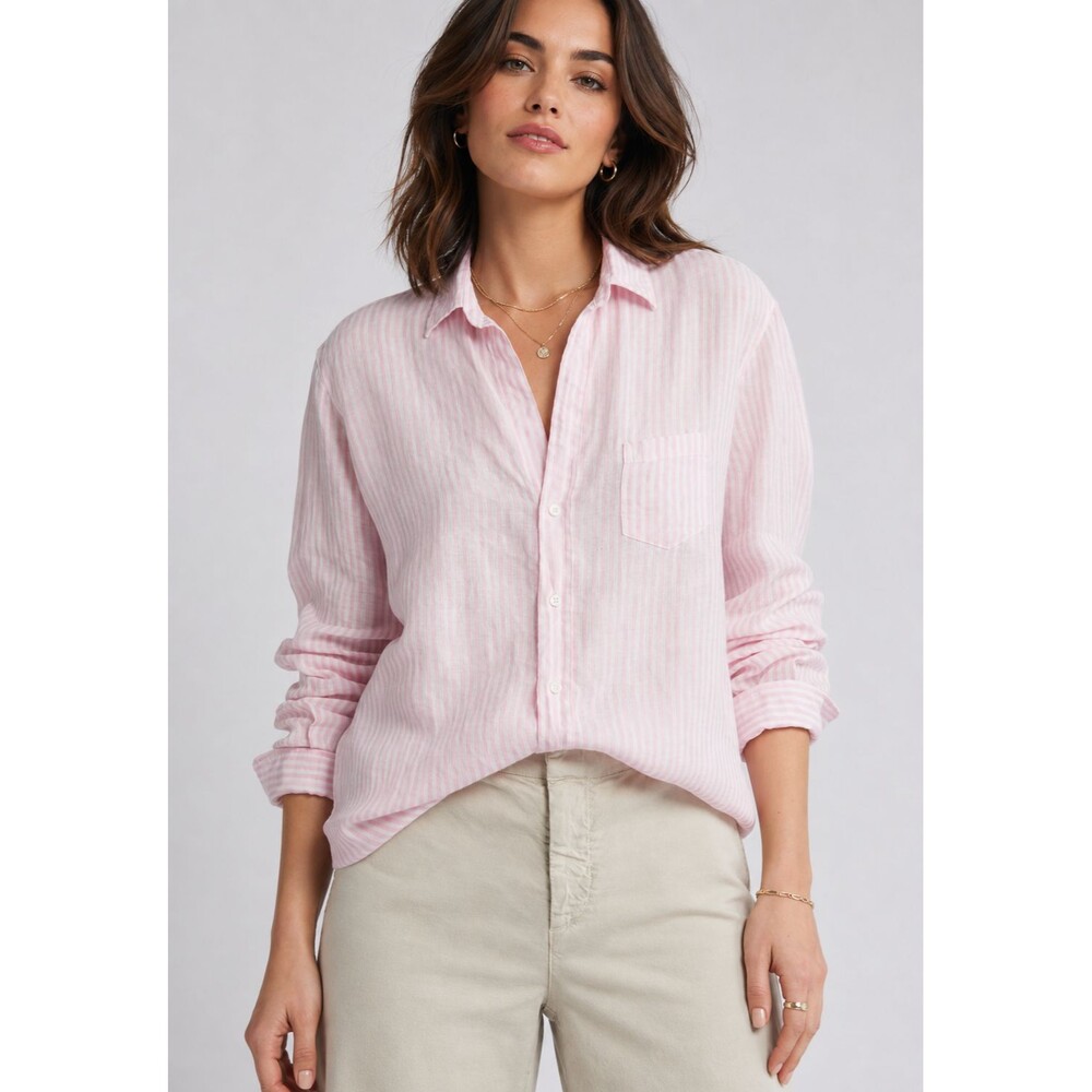 FRANK & EILEEN Women's New LARGE Button Up Shirt Pink Stripe 100% Linen EILEEN